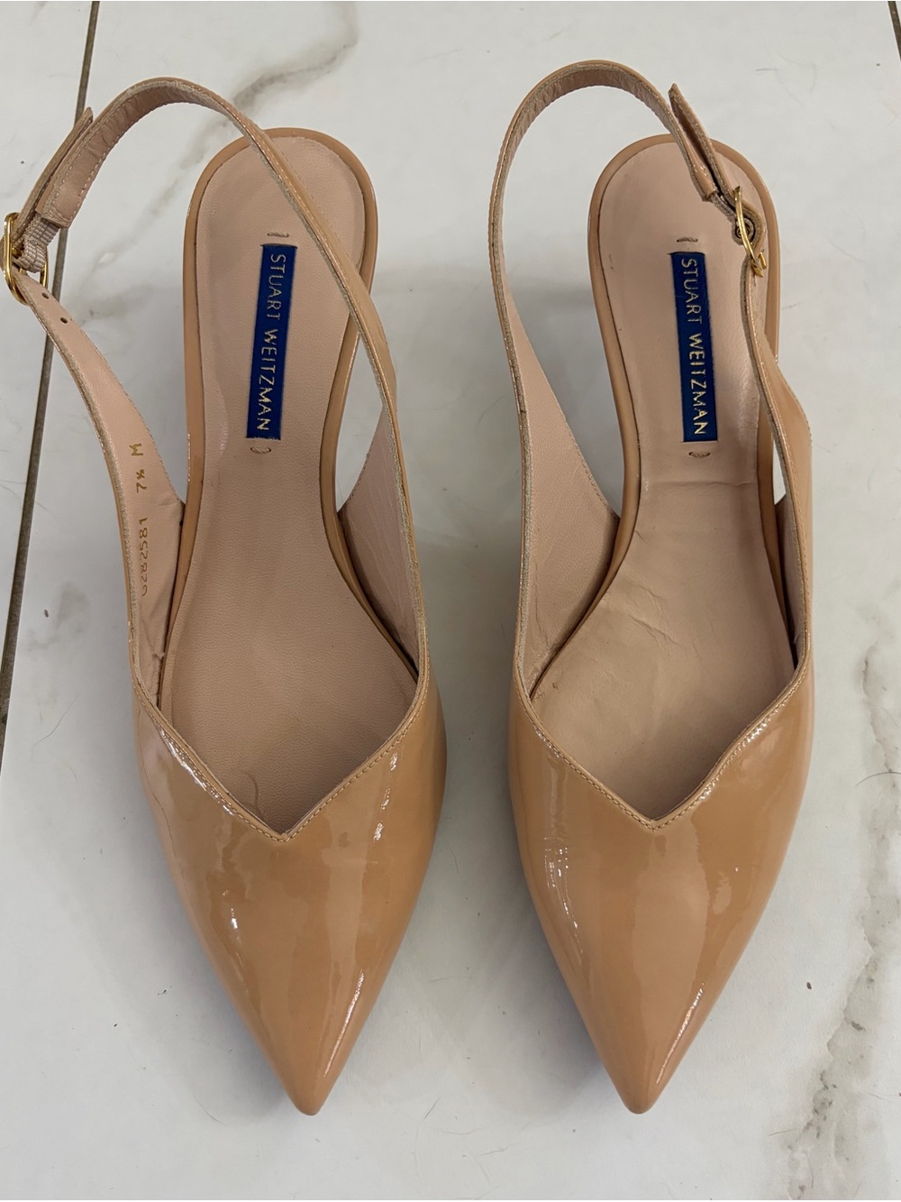 Stuart Weitzman Patent Nude Slingback Pointed Flats 7.5M